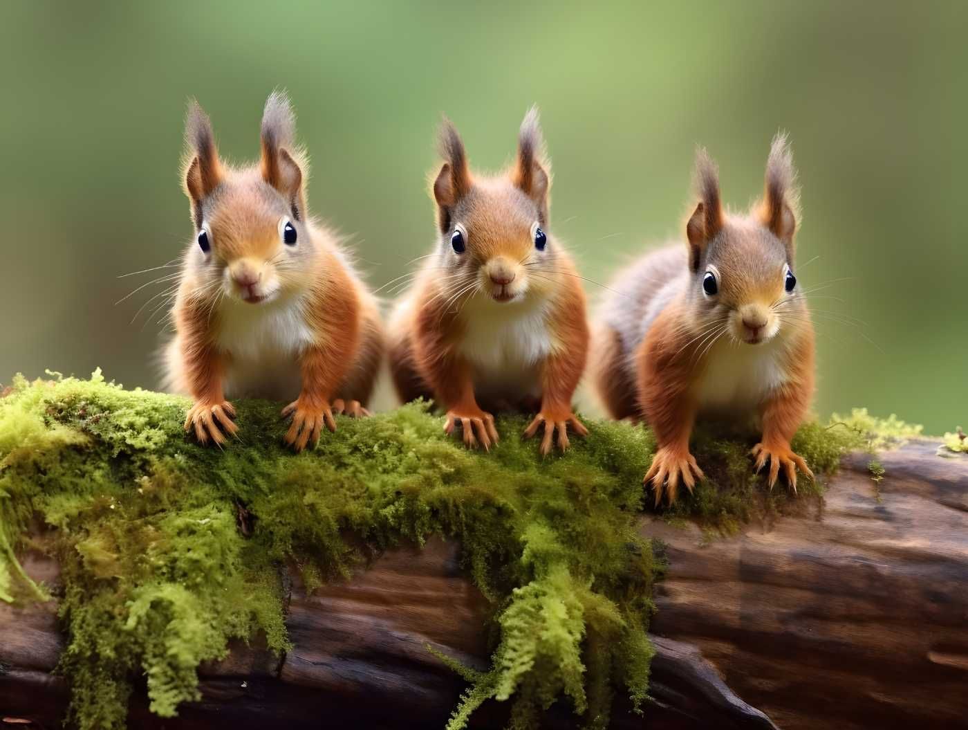 Three red squirrels on a moss-covered log, looking forward.