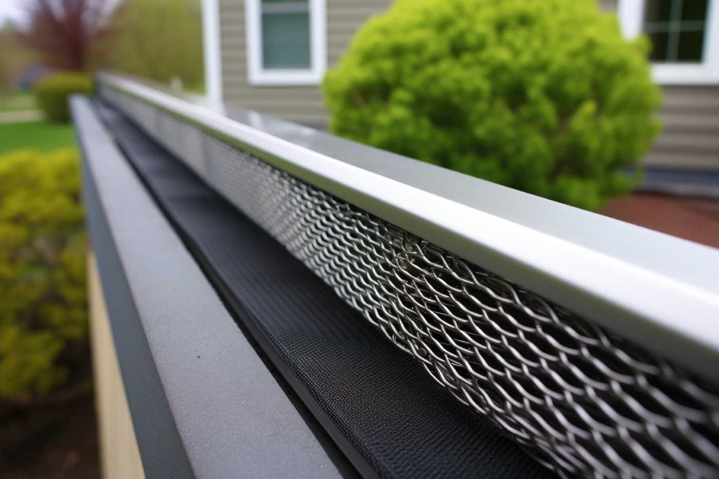 Gutter with mesh screen, installed on a house. Prevents leaves and debris from clogging.