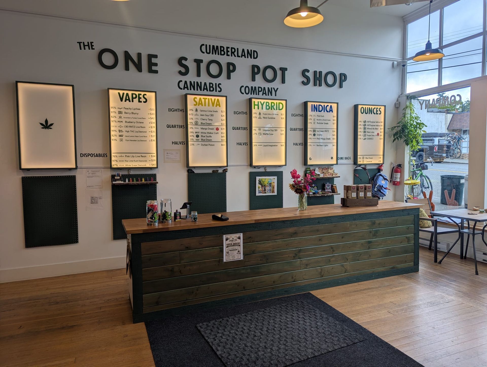 The product wall and counter inside Cumberland Cannabis Company