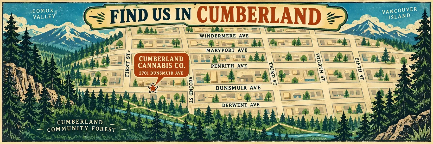 Vintage illustrated map showing Cumberland Cannabis Company at 2701 Dunsmuir Avenue