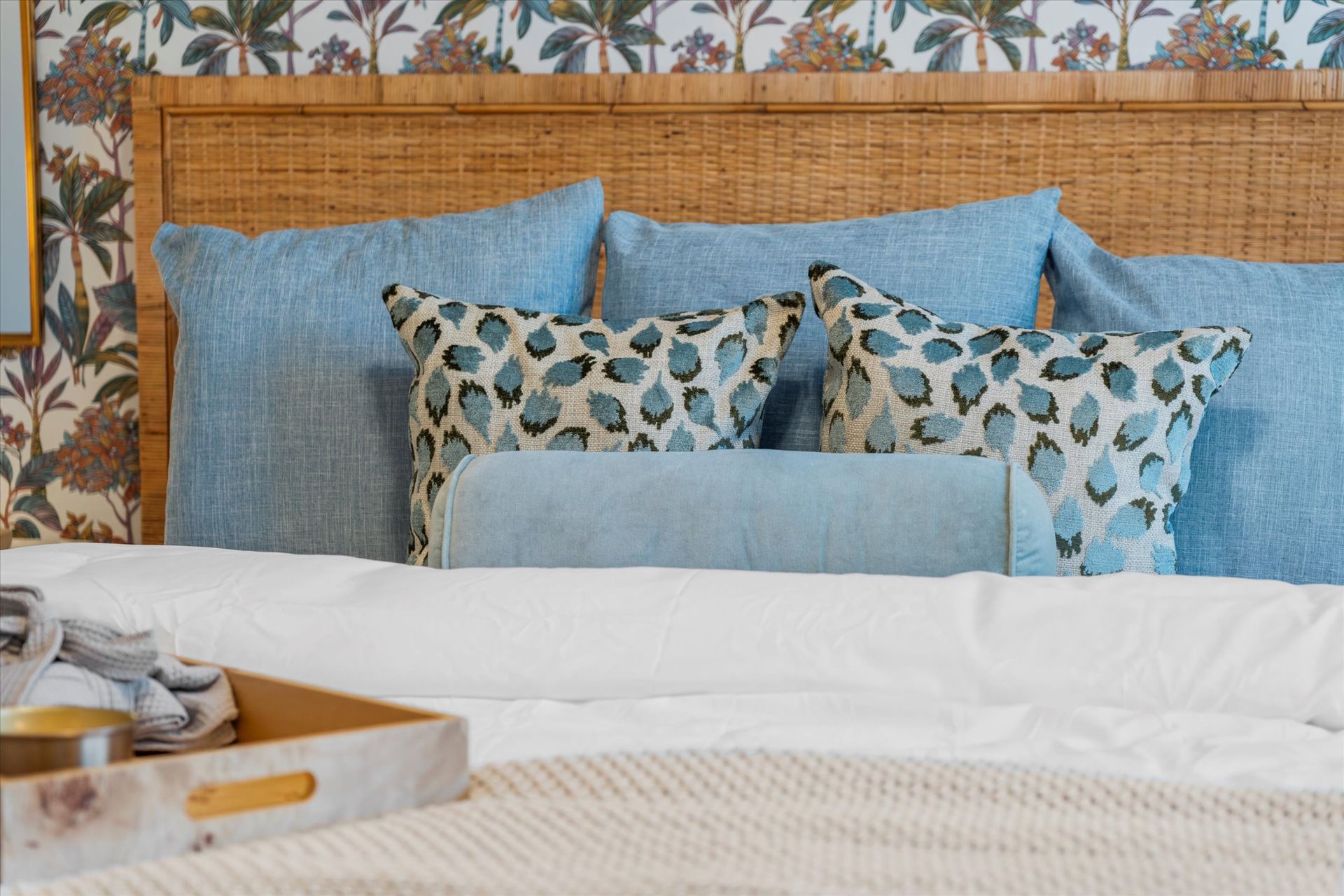 Designer bedroom interior at Boardwalk Village apartments in Conroe, TX