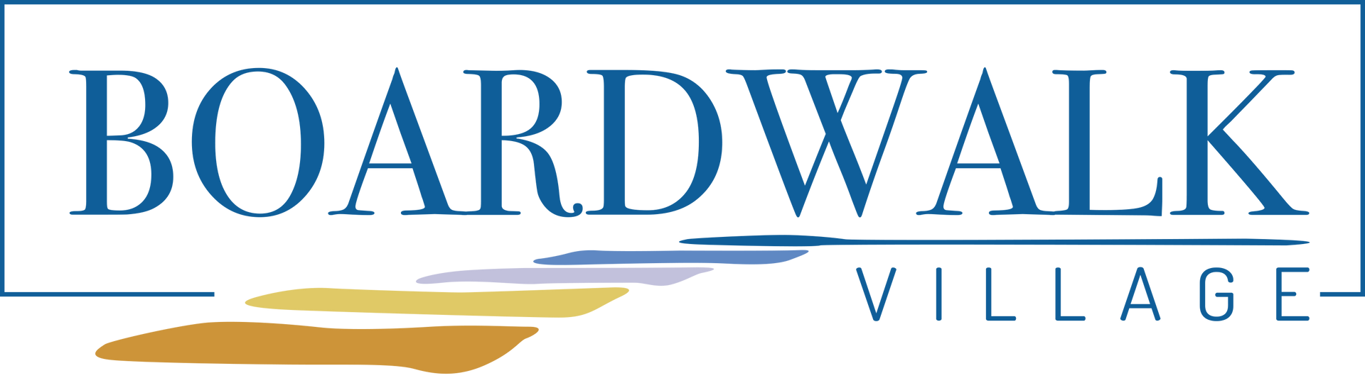 A logo for boardwalk village with a blue background