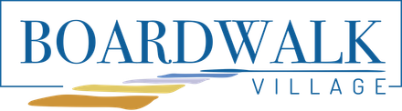 A logo for boardwalk village with a blue background