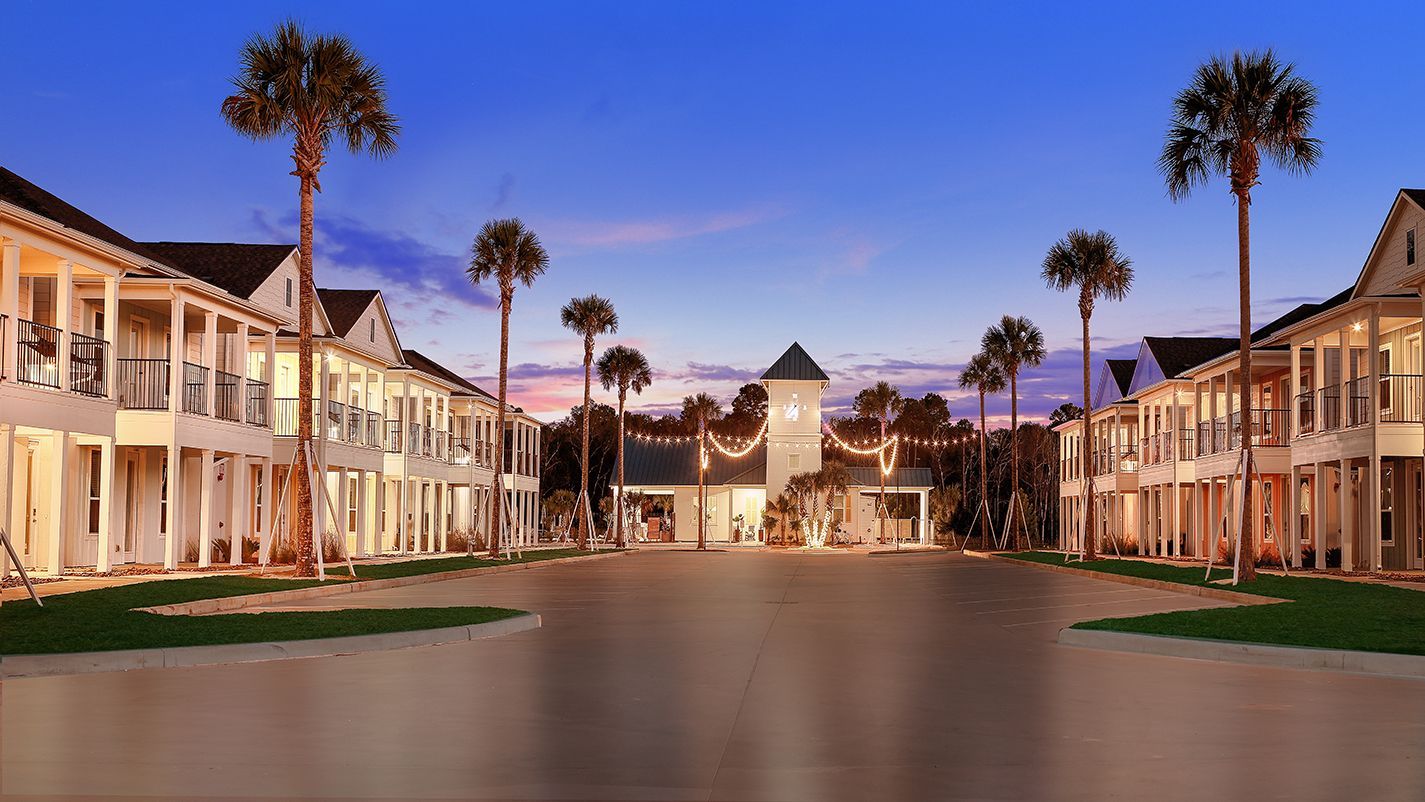 Boardwalk Village community entrance at sunset