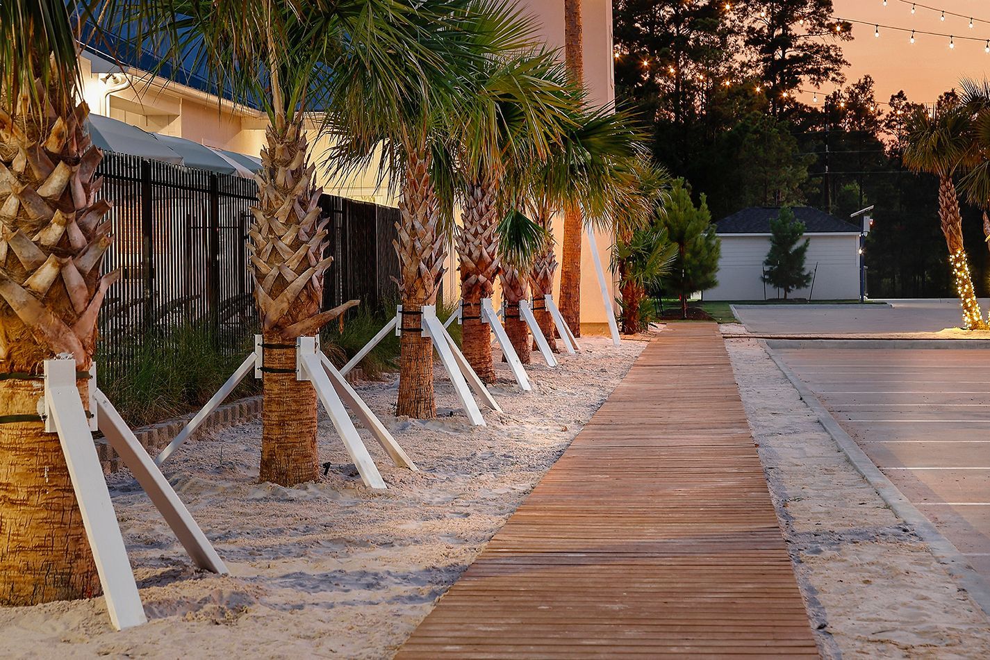 Boardwalk Village landscaped walkway at dusk