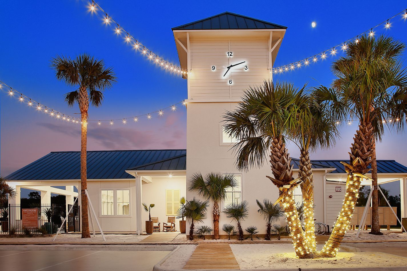 Boardwalk Village community at night in Conroe, Texas