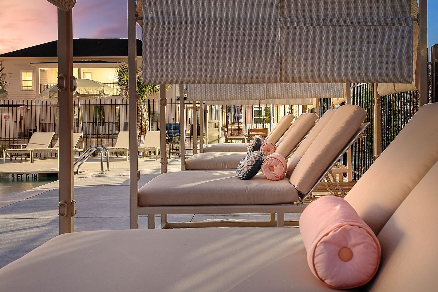 Poolside cabanas at Boardwalk Village in Conroe, TX