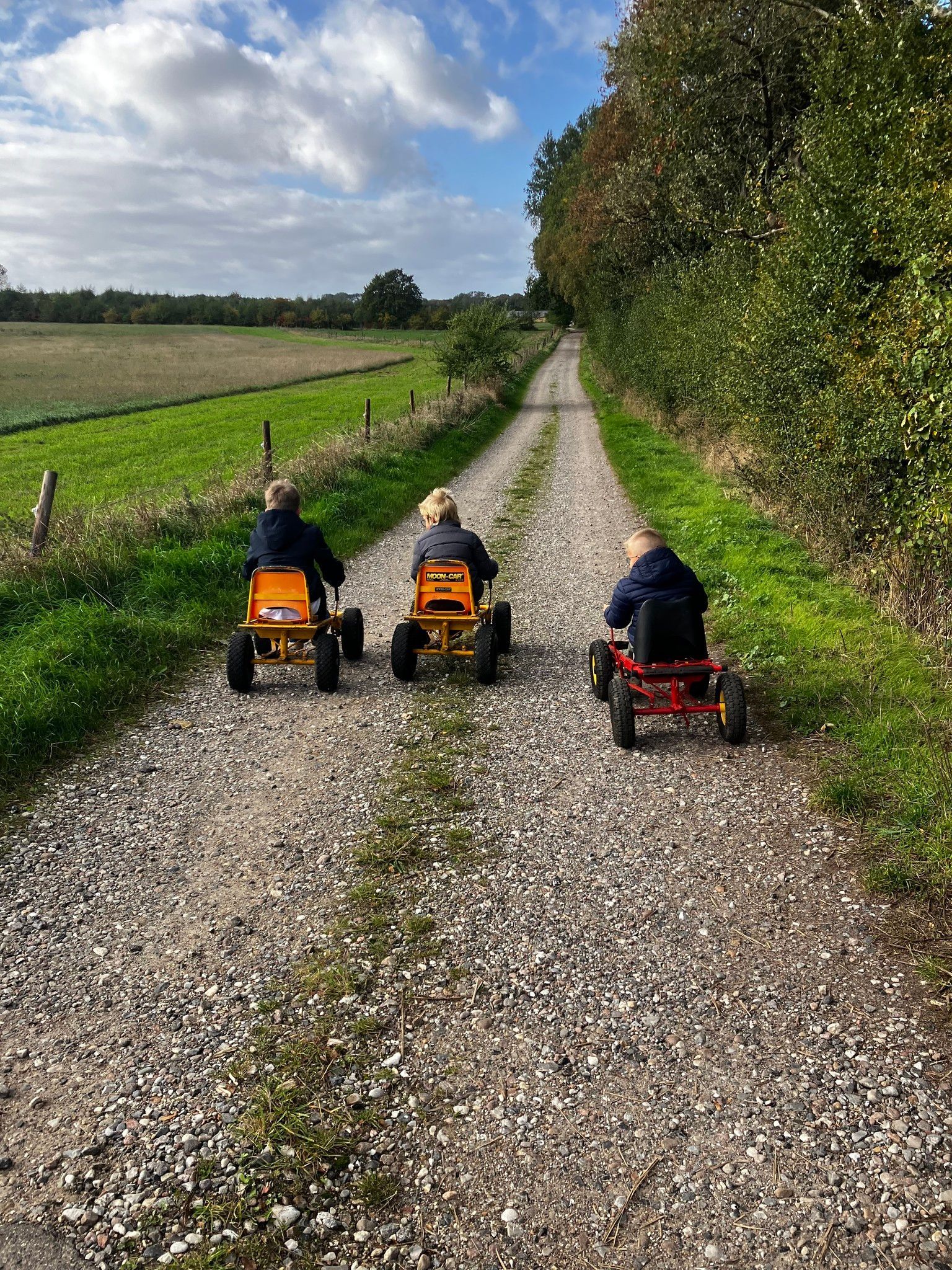 Tre børn i pedaler kører ned ad en grussti med en grøn mark og træer i baggrunden.