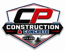 CP Construction & Concrete logo in black, red, and blue with house and excavator icons