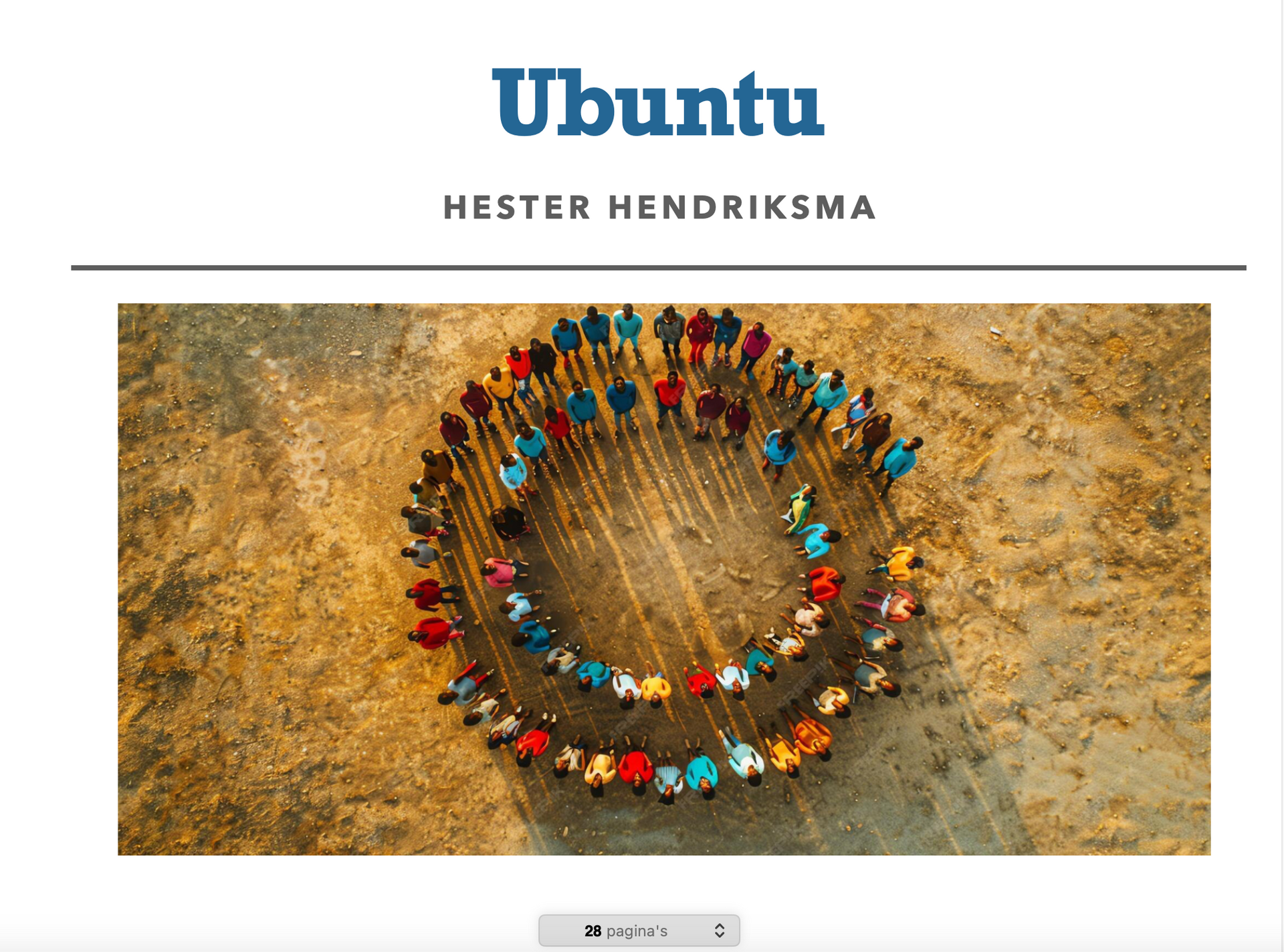 Ubuntu-titel met namen en foto's van mensen in een kleurrijke cirkel.