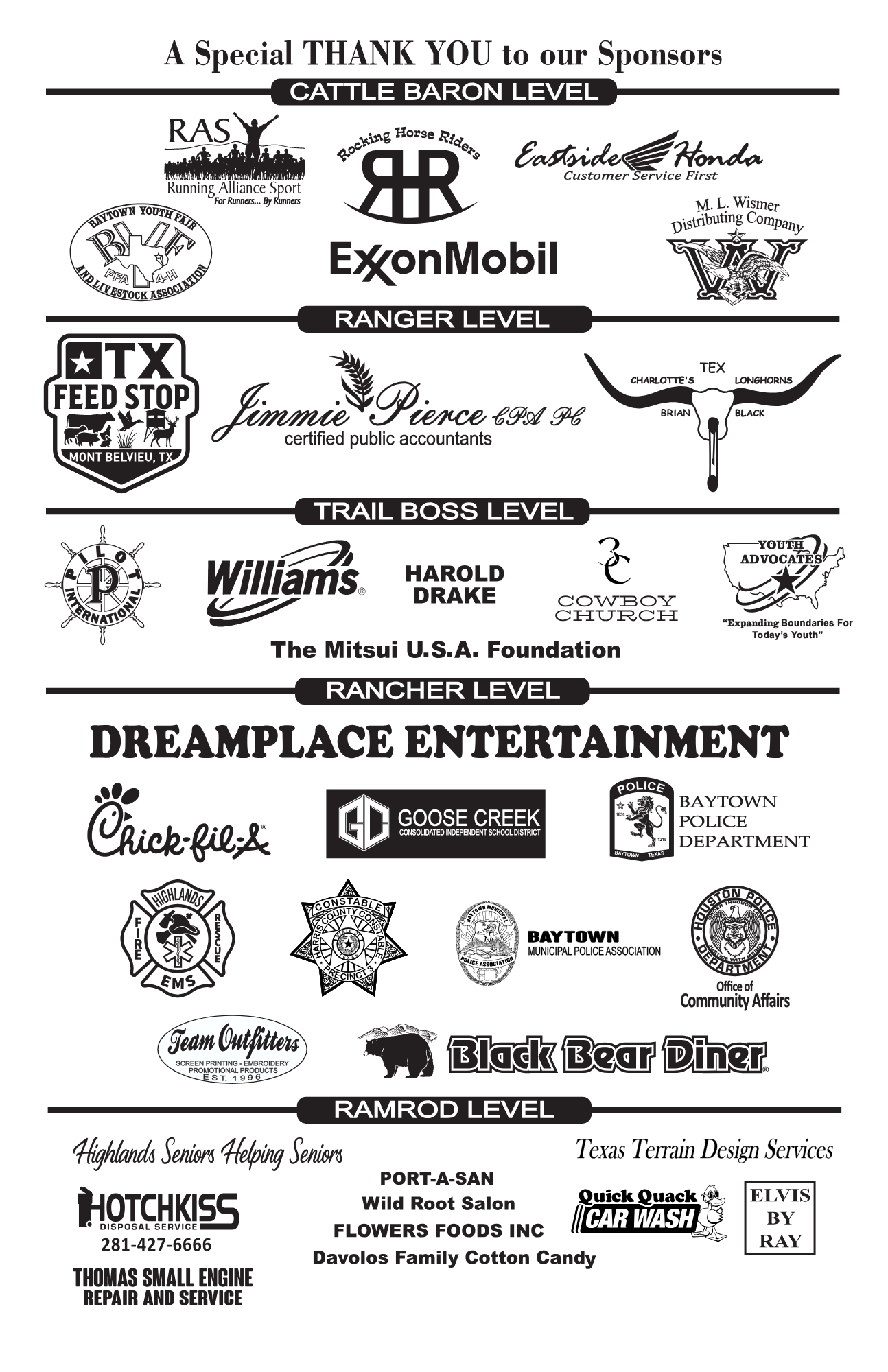 Sponsor banner with multiple logos and names, including DreamPlace Entertainment and Black Bear Diner, on white background