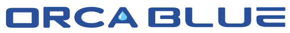 ORCA BLUE logo in blue uppercase letters with a stylized blue rectangle icon underneath