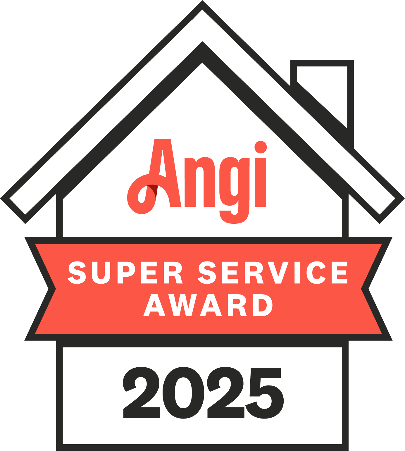 Angi Super Service Award 2025 badge with house outline and red ribbon banner