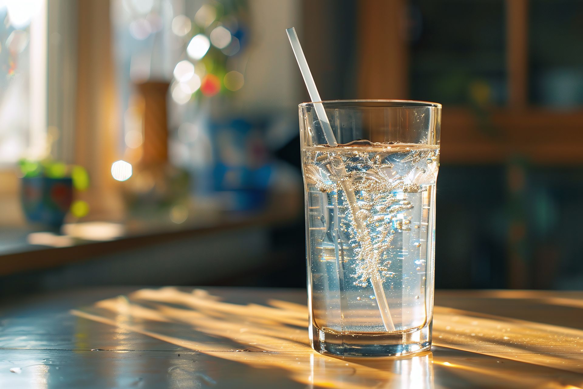A glass of sparkling water with a straw on a sunlit wooden table