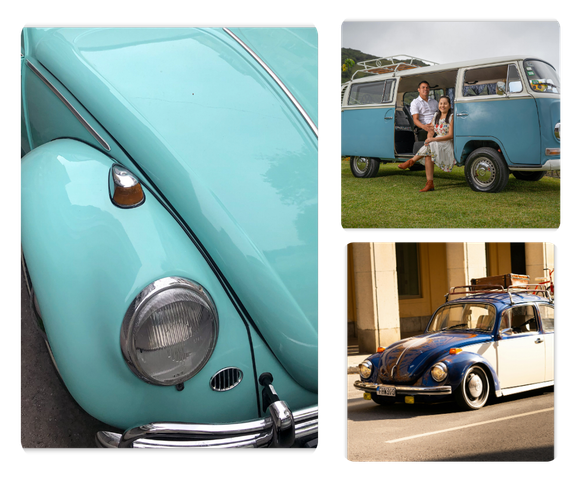 A couple standing next to a blue car and a blue van