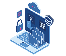 Laptop with login screen, cloud, lock, and files; representing data security and cloud storage.