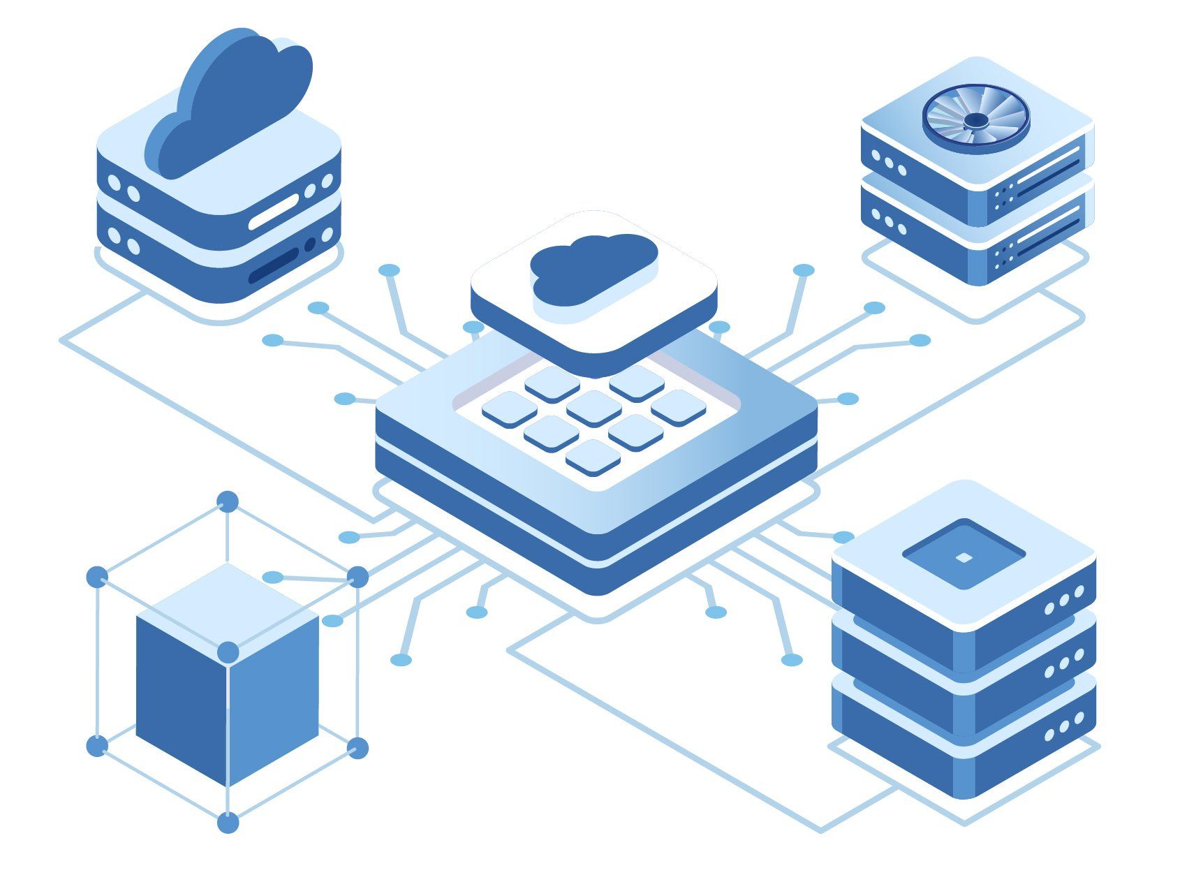 Isometric illustration of a central server connected to cloud and data storage, depicting cloud computing and data processing.