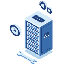 Isometric server rack with clock, wrench, and gears, indicating server maintenance.
