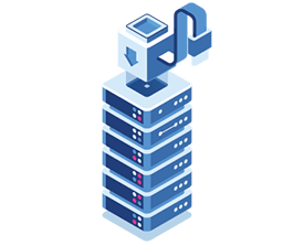 Blue server tower with a data download icon at the top, connected by a flexible cable.