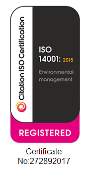 ISO 14001:2015 environmental management certification badge, pink and black with