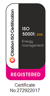 ISO 50001:2018 energy management certification badge. Pink and black design. Registered by Citation ISO Certification.