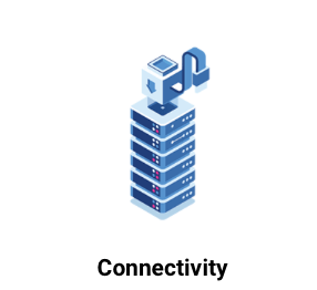 Isometric illustration of a server stack with data transfer arrow and connectivity label.