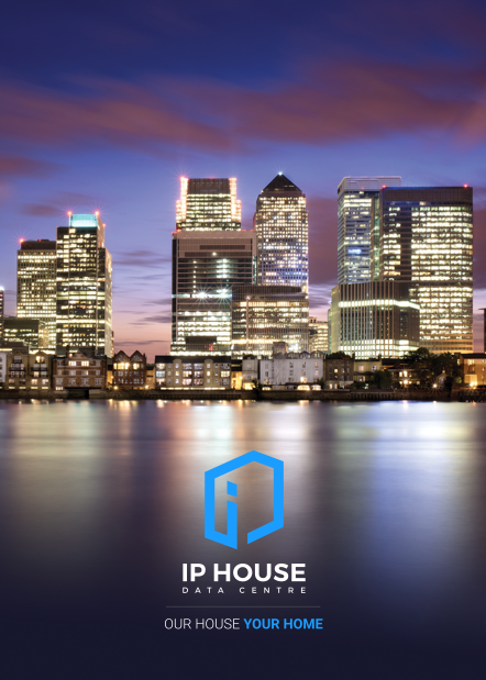 Skyline of Canary Wharf at dusk with IP House logo. Buildings reflect in the water.