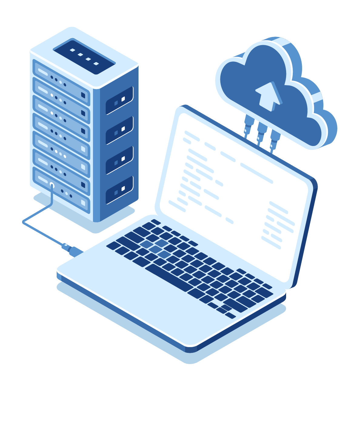 Laptop connected to server, uploading data to cloud.