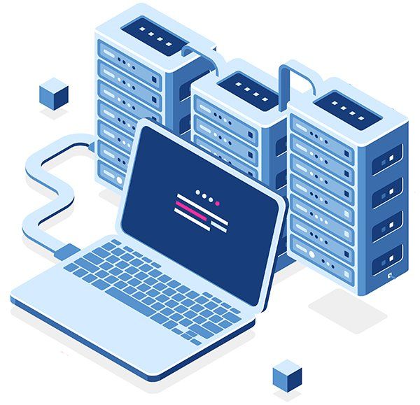 Laptop connected to server racks, displaying code, in a blue and white illustration.