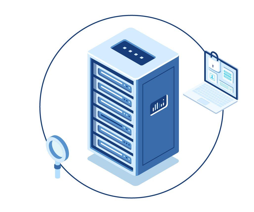 Server cabinet with laptop, magnifying glass, inside a circle. Blue and white colors. Data security concept.