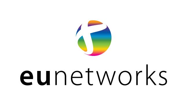 Logo for euNetworks, a telecommunications company. A rainbow-colored globe with white curved shape and 