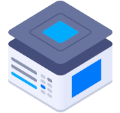 Isometric view of a server. Blue and grey cube with layered design, suggesting data storage and processing.