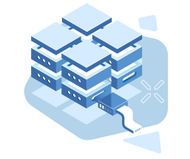 Isometric illustration of a server farm with a cable connected, rendered in shades of blue.