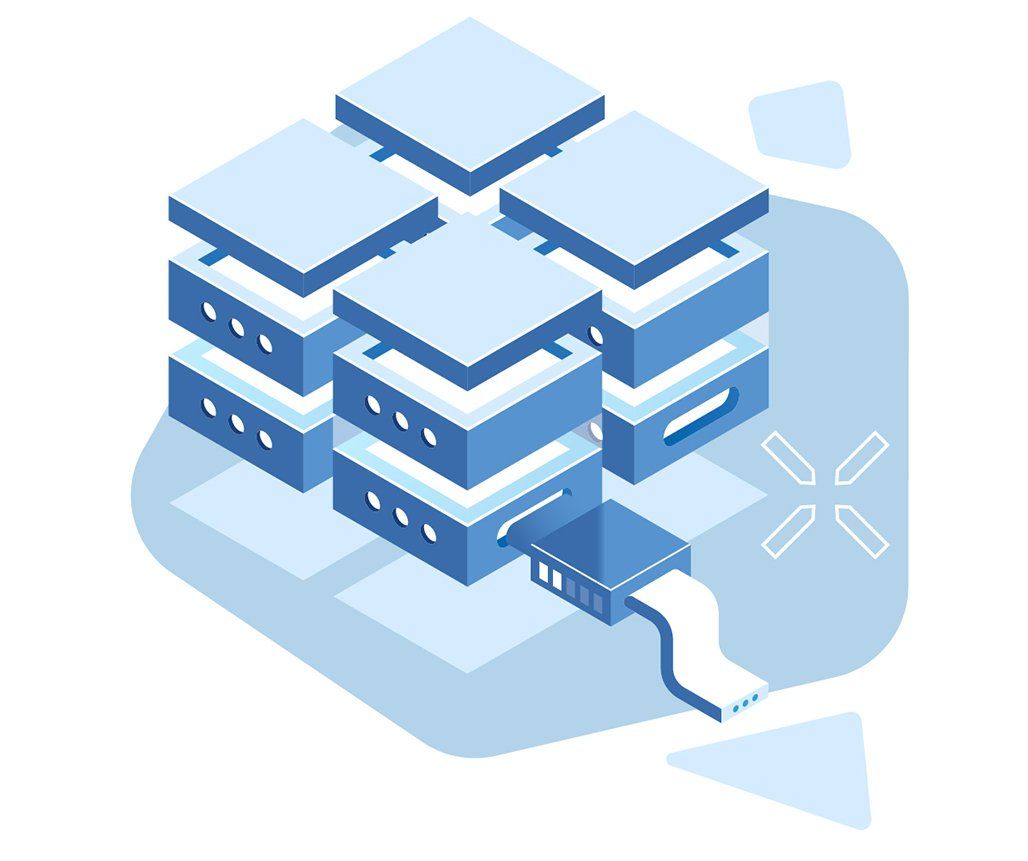 Isometric illustration of a blue data center with multiple server racks connected by a data cable.