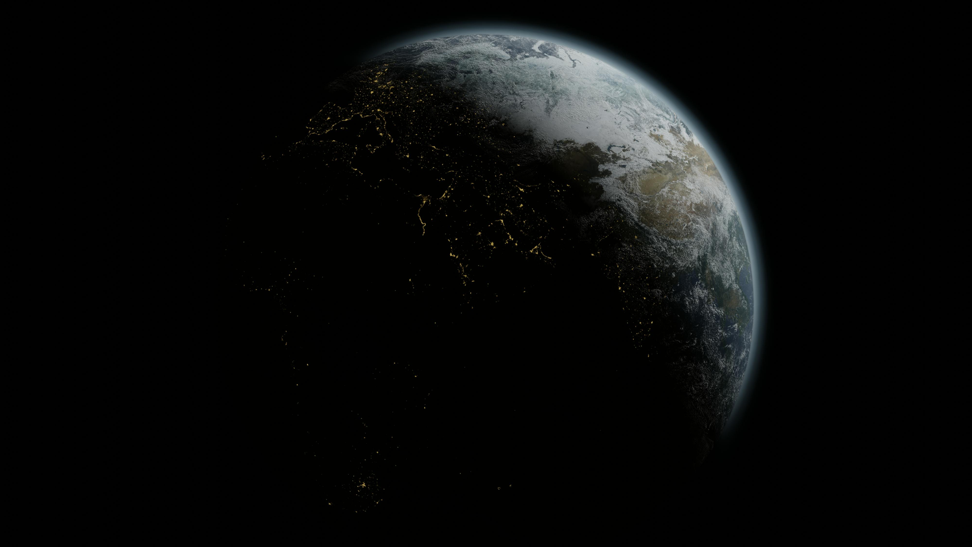 A planet partially lit, showing land and city lights against a black backdrop.