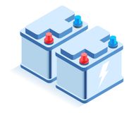 Two blue car batteries, one with a lightning bolt symbol, with red and blue terminals.