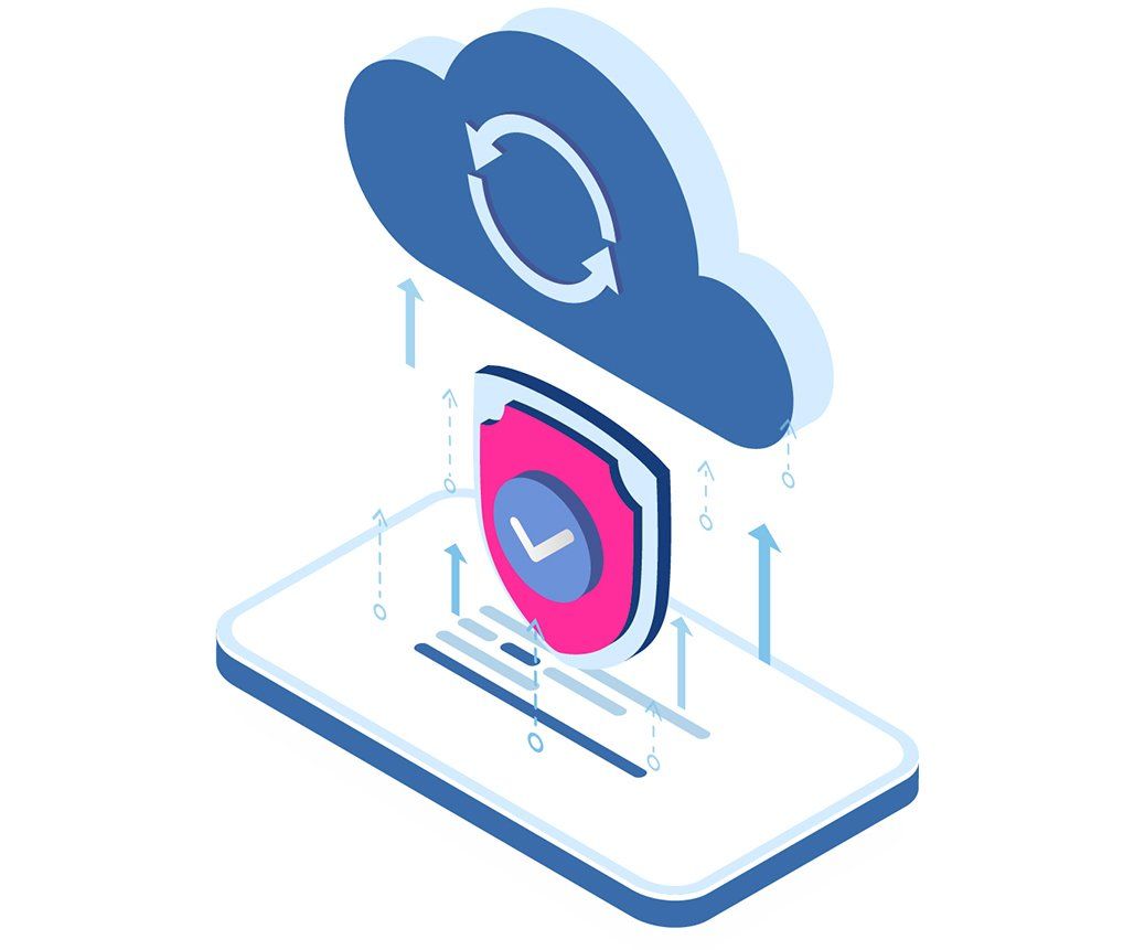 Cloud-based data security: shield with checkmark protects data in the cloud, syncing from device.