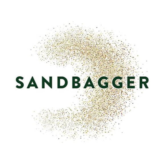 SANDBAGGER logo in dark green text over a speckled beige circular graphic on a white background