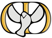 Abstract black-and-gold logo with a central white stylized figure inside an oval shape