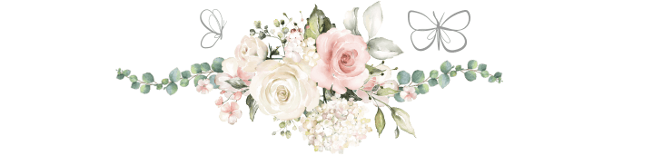 Delicate pastel floral garland with pink rose centered and two white butterflies on a white background