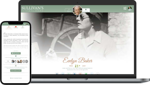 Sullivan’s website shown on laptop and phone, featuring a black-and-white portrait with green accents.