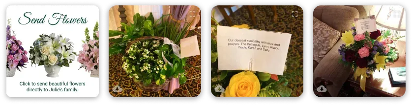 Collage of handmade flower arrangements, cards, and a candle on a rustic table