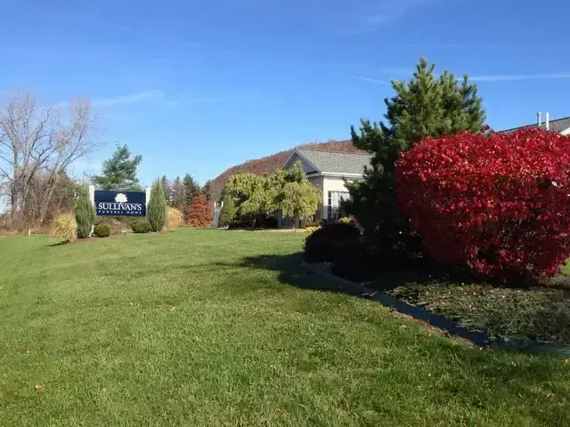 Grassy lawn with a house, red shrubs, and a roadside sign under a blue sky
