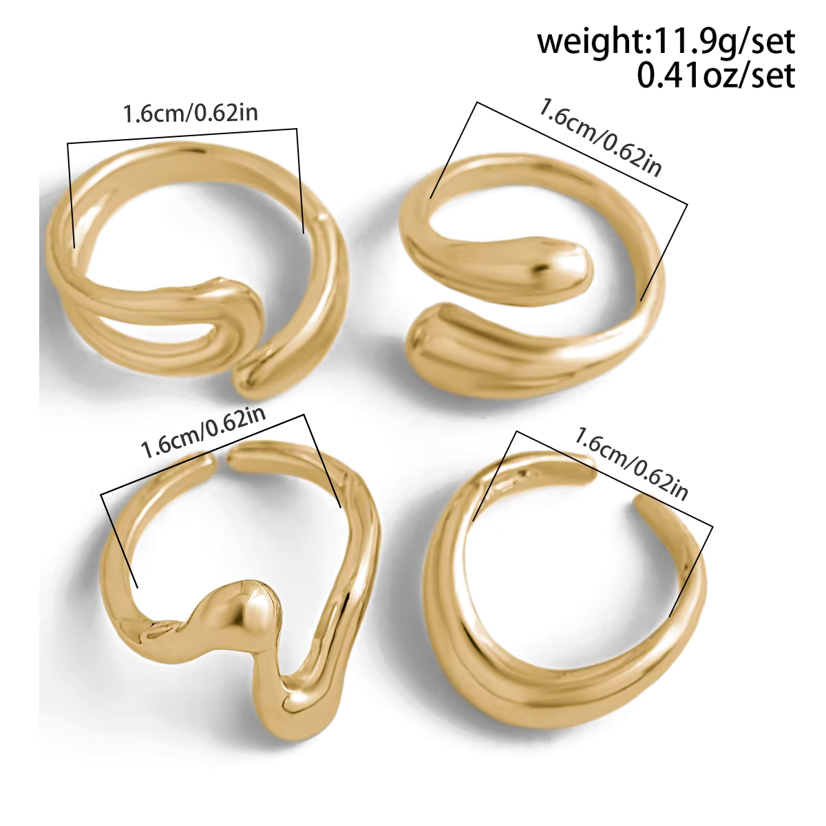 Two hands with gold abstract rings resting on a white textured fabric background