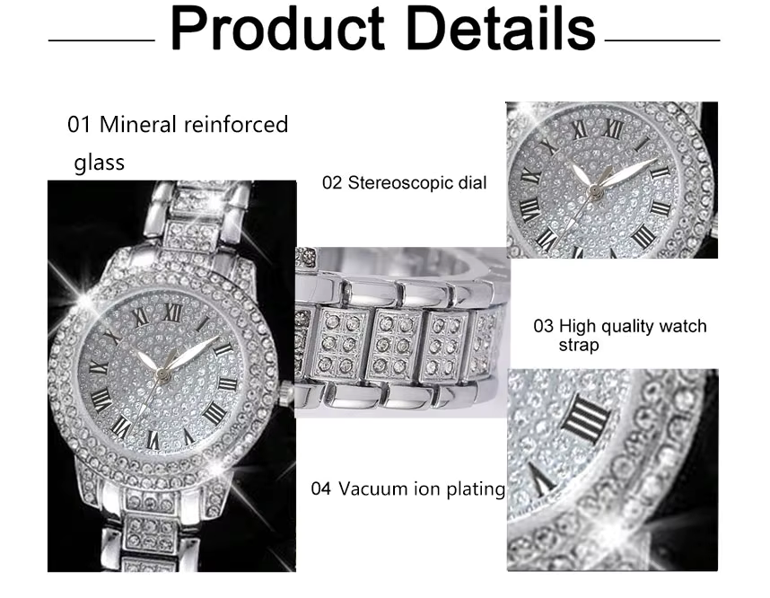 Silver diamond jewelry set with watch, bracelet, necklace, ring, and earrings on black background