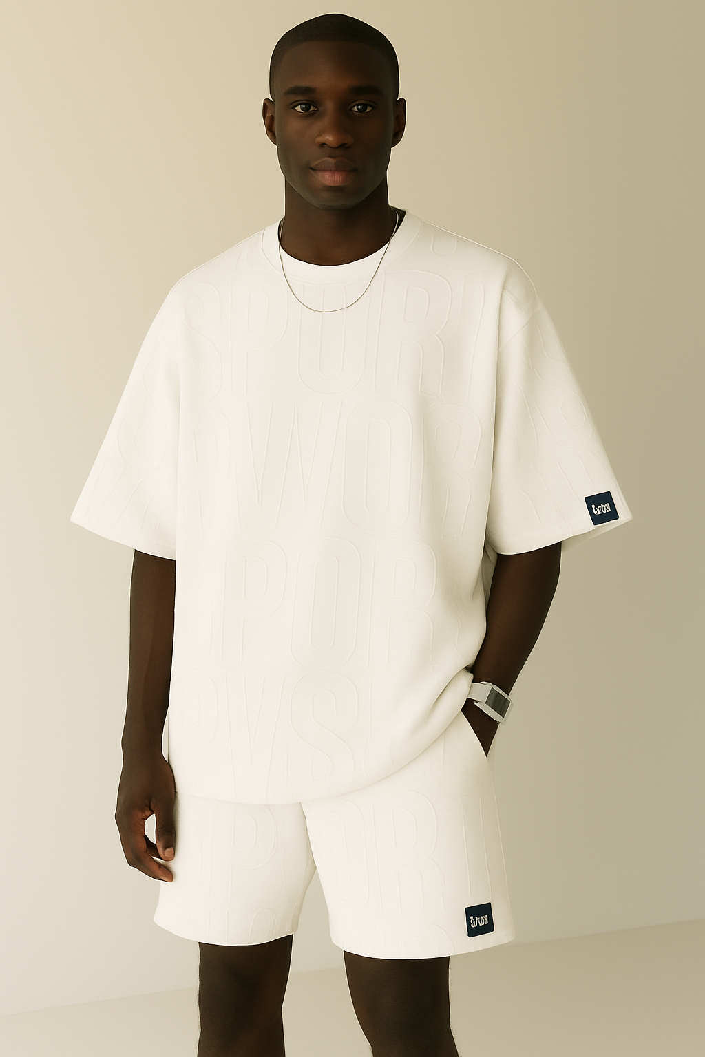 Person modeling an oversized white T-shirt and white shorts against a beige studio backdrop