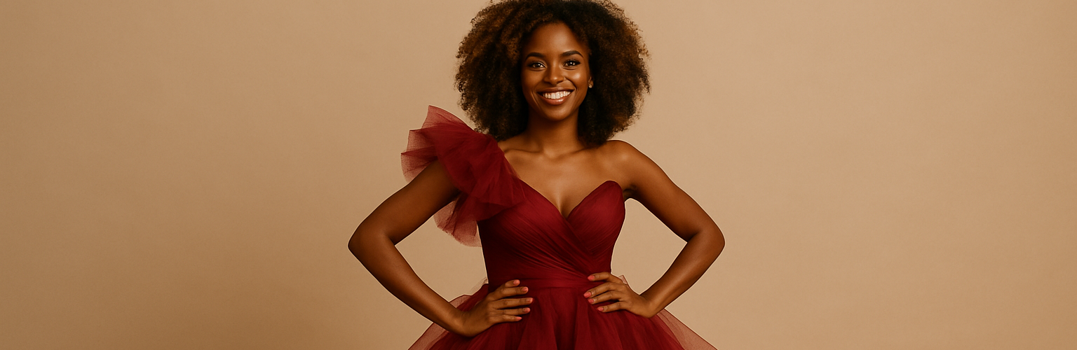 Woman in a red dress with one hand on her hip, smiling against a beige background.