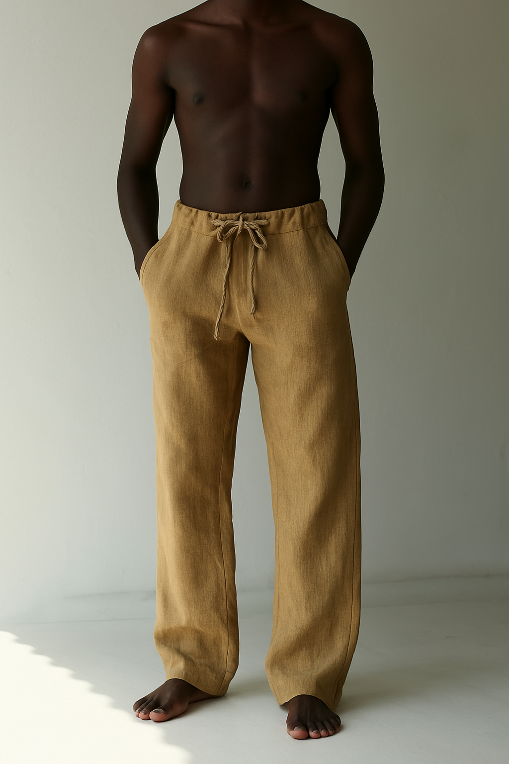 Person standing barefoot in tan pants against a plain light background