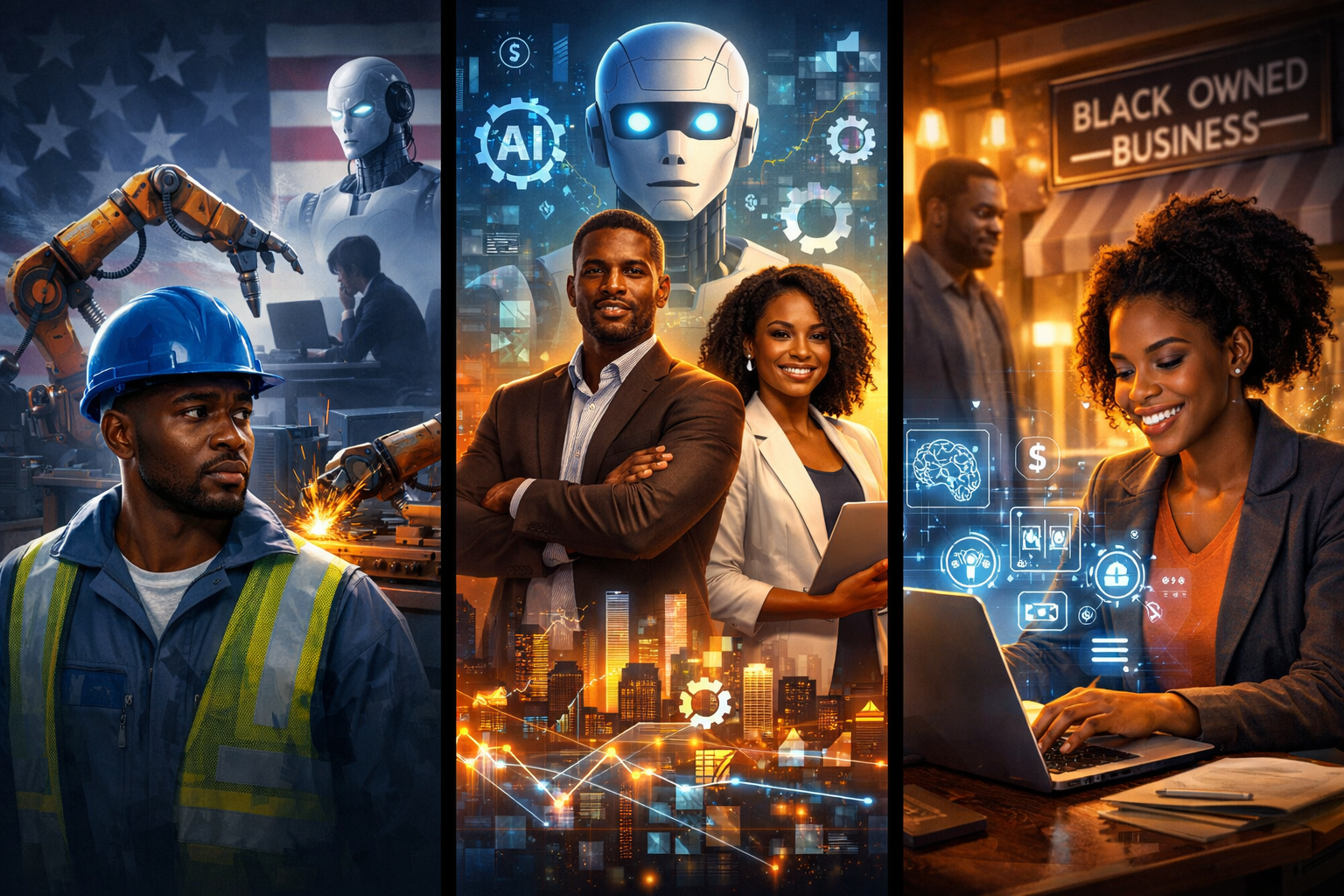 Three Black professionals from different industries with AI icons and a city skyline, symbolizing su