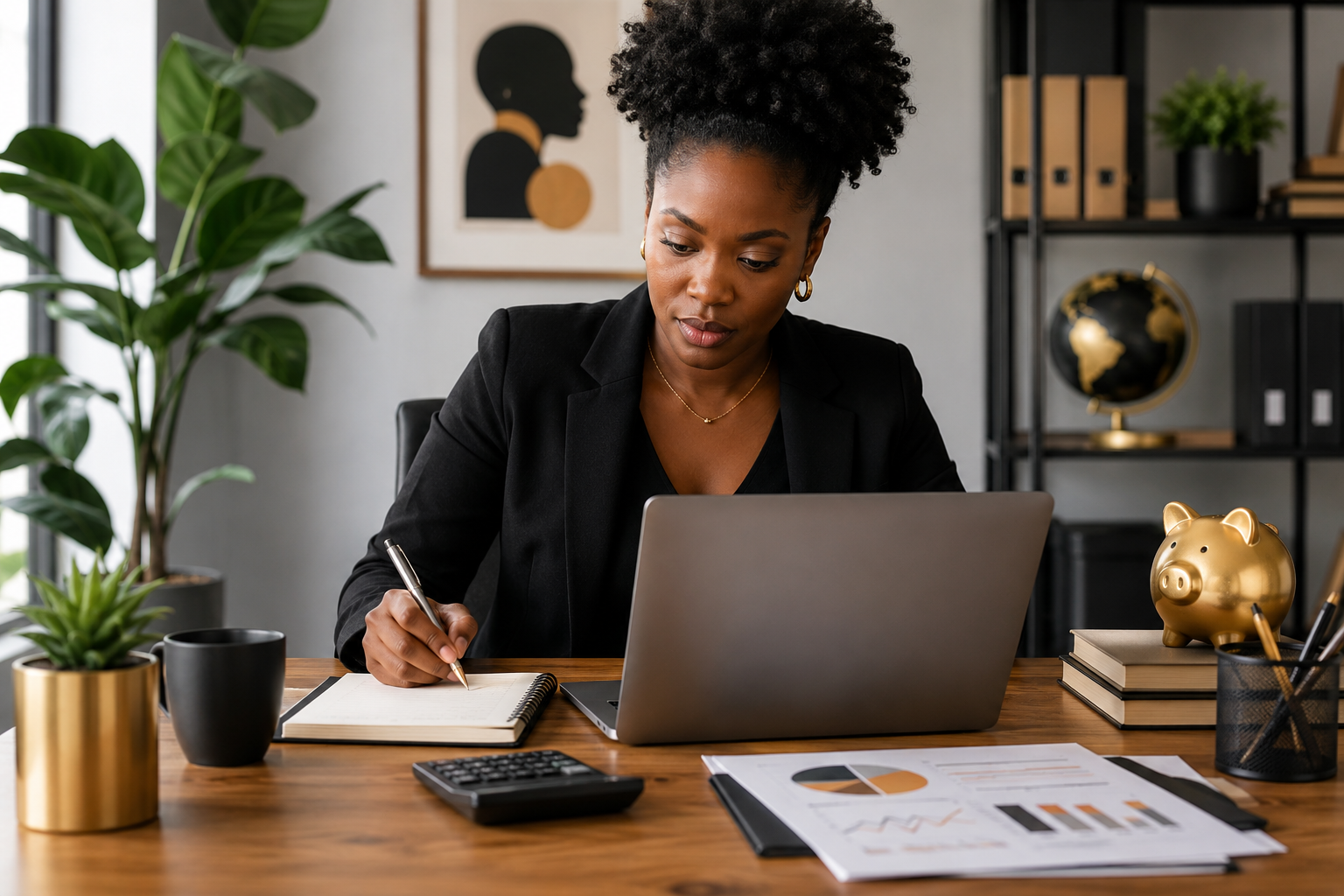 Black entrepreneur working on business finances at a modern office workspace.